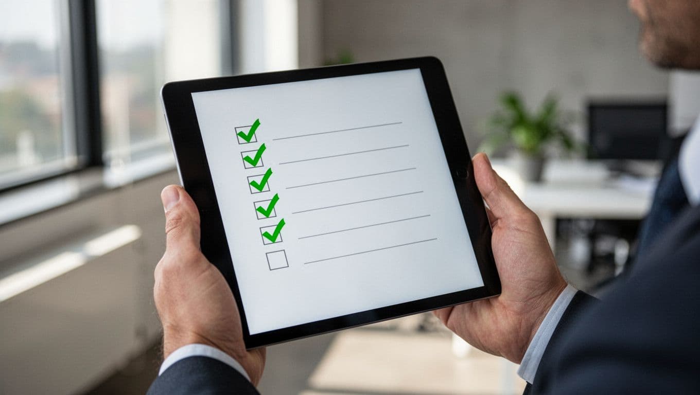 Professional holds digital tablet showing checklist with verify vendor and approvals crossed off by green checkmarks, blurred office background.