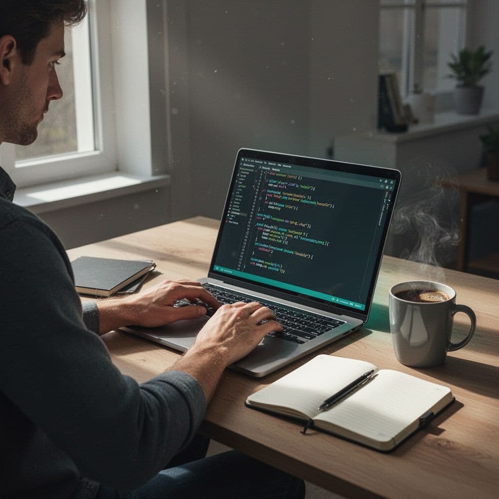 Freelance developer seated in home office with relaxed hands on laptop keyboard, notebook and coffee mug on desk.