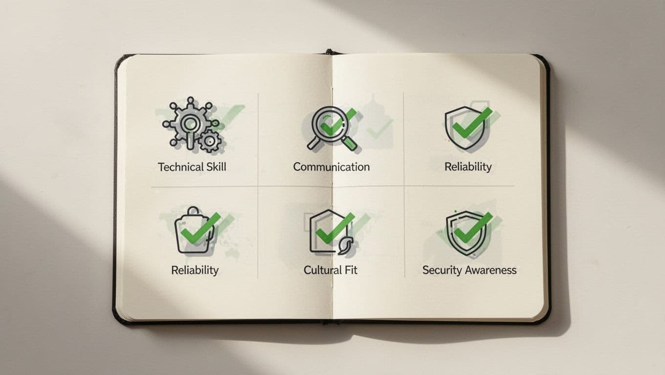 Notepad with grid of icons for technical skills, communication, reliability, cultural fit, and security awareness, green checkmarks highlighted.