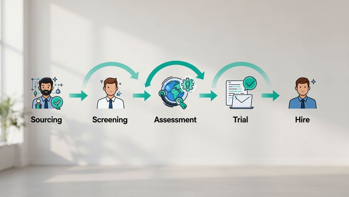 Horizontal flowchart with icons for sourcing, screening, assessment, interviews, trial, and hire stages, linked by green arrows on light background.