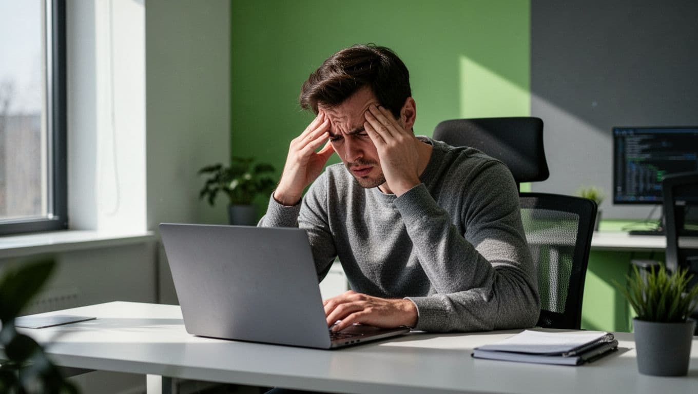 A cybersecurity expert sits at a laptop with a frustrated expression in a modern, minimalist workspace.