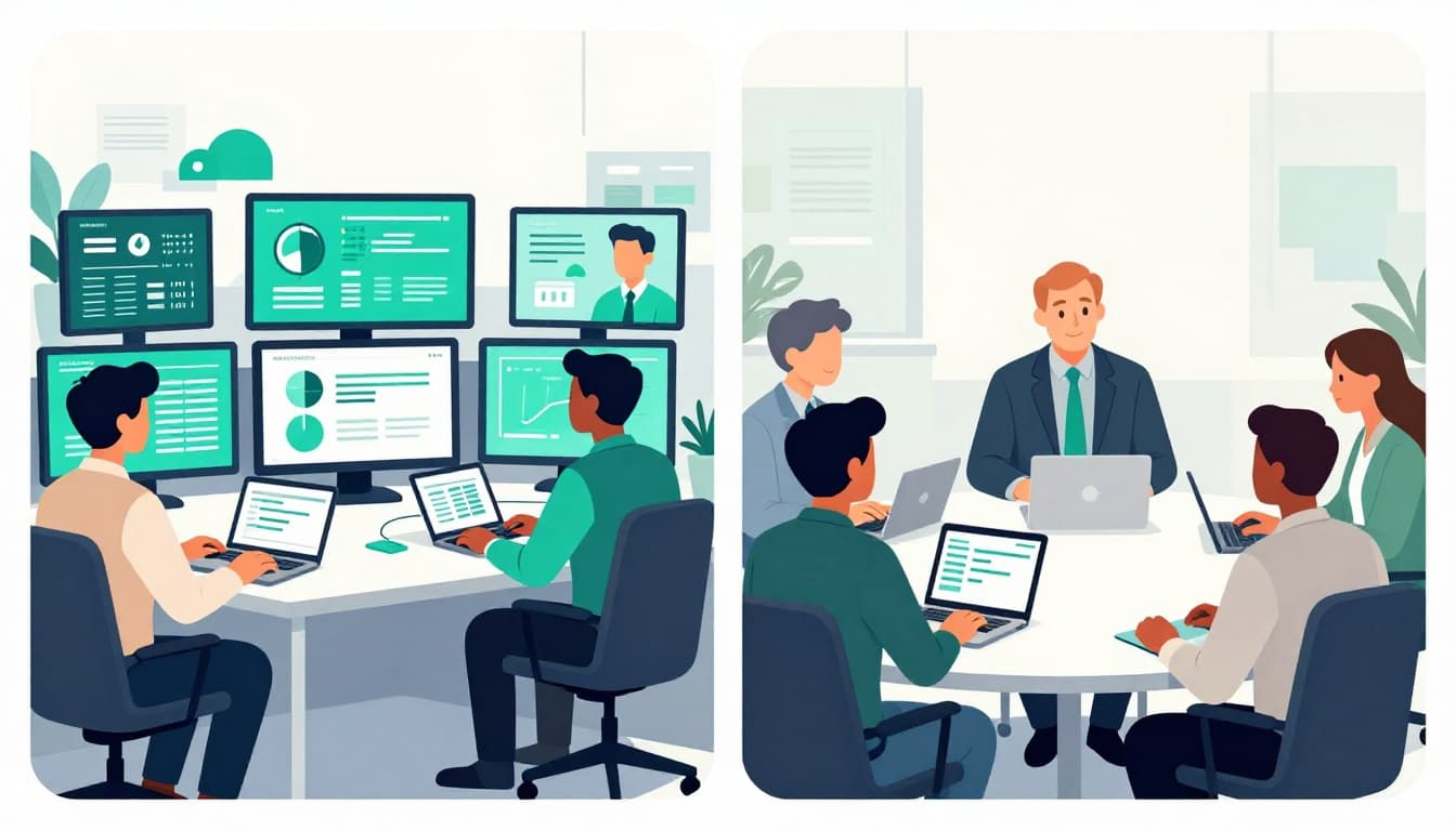 Side-by-side illustration of full-time CISO with team in busy office beside fractional CISO advising executives in meeting room.