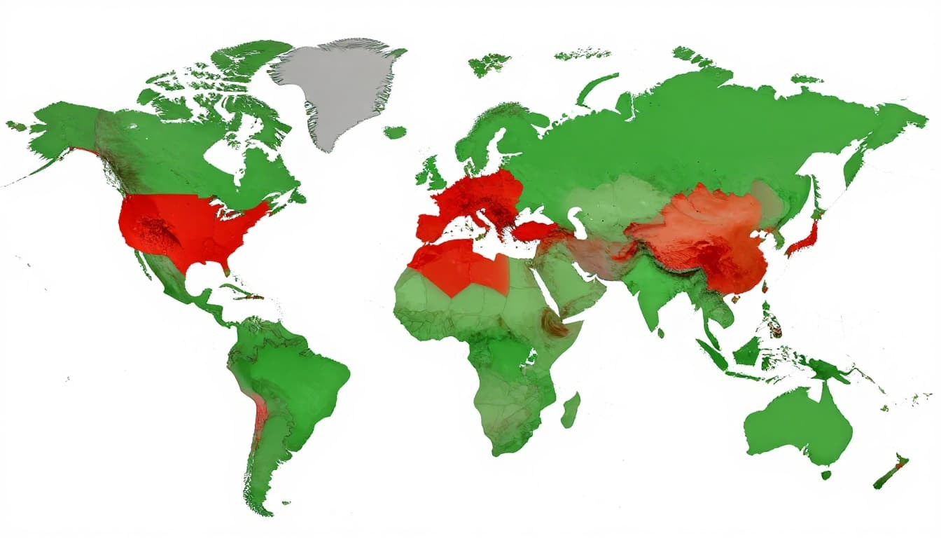 Illustrated world map with red zones for strict data residency in China and Russia, green zones for flexible in EU, US, Canada.