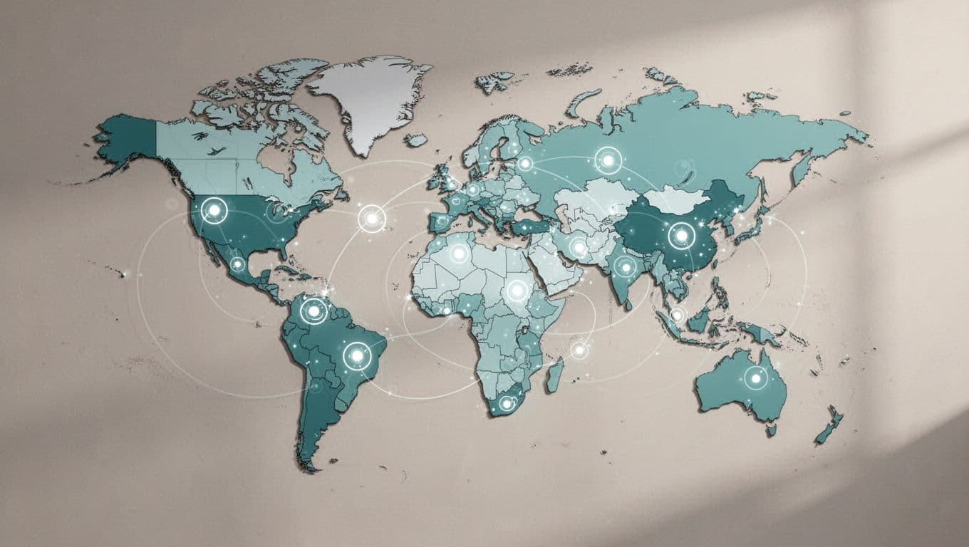 World map highlights US states and EU countries with clock and alert icons connected by arrows.