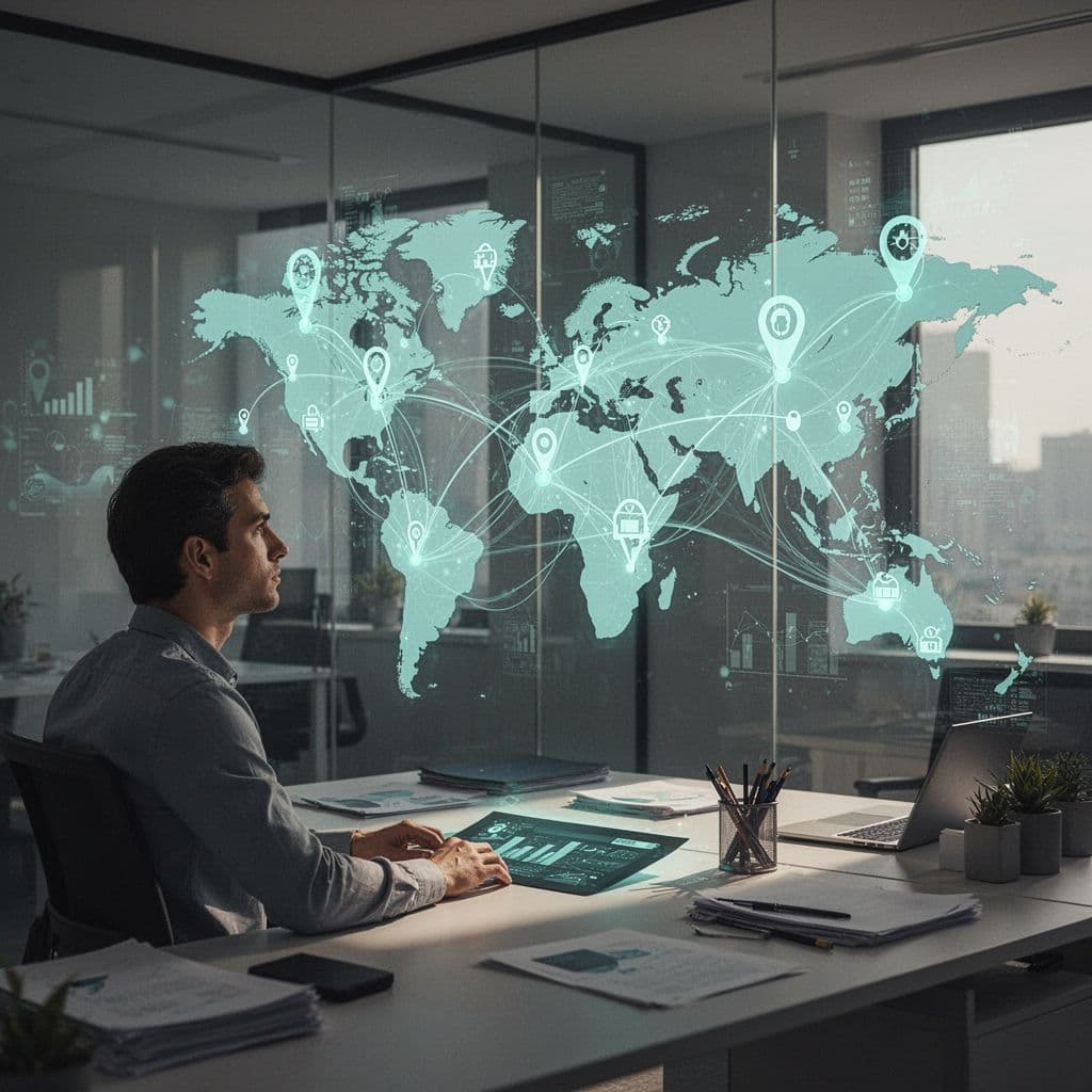 Illustration of linked supply chain nodes with lines, person viewing dashboard in office background.