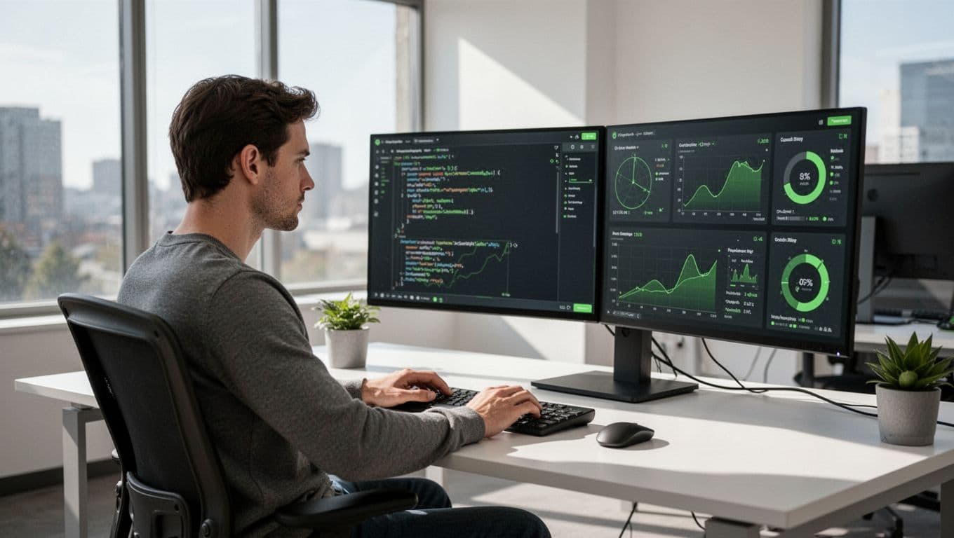 Engineer seated at desk in bright modern office with dual monitors showing policy automation code and compliance dashboards, hands on keyboard.