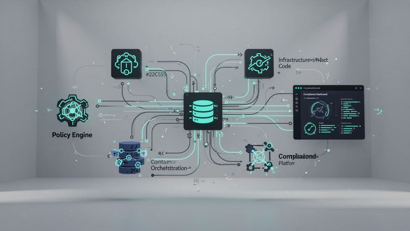 Abstract icons of OPA Rego, Terraform IaC, Kubernetes clusters, and compliance dashboards connected by green code flows.