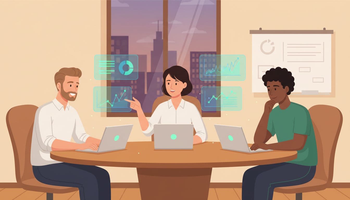 Three governance risk professionals discuss strategies around a conference table with charts and laptops.