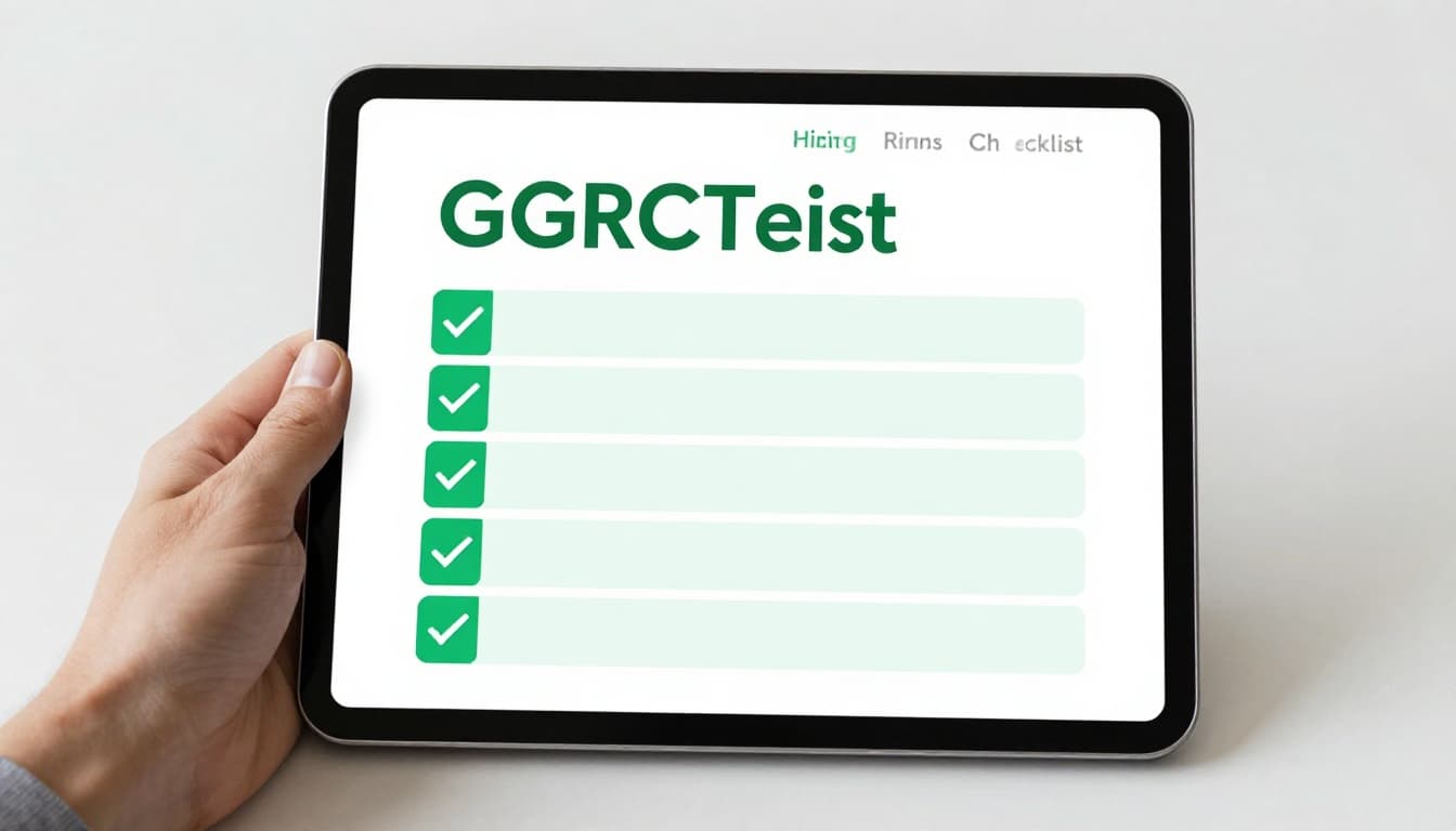 Business hand holds tablet showing GRC Checklist with audit, risk, policy icons on modern desk.
