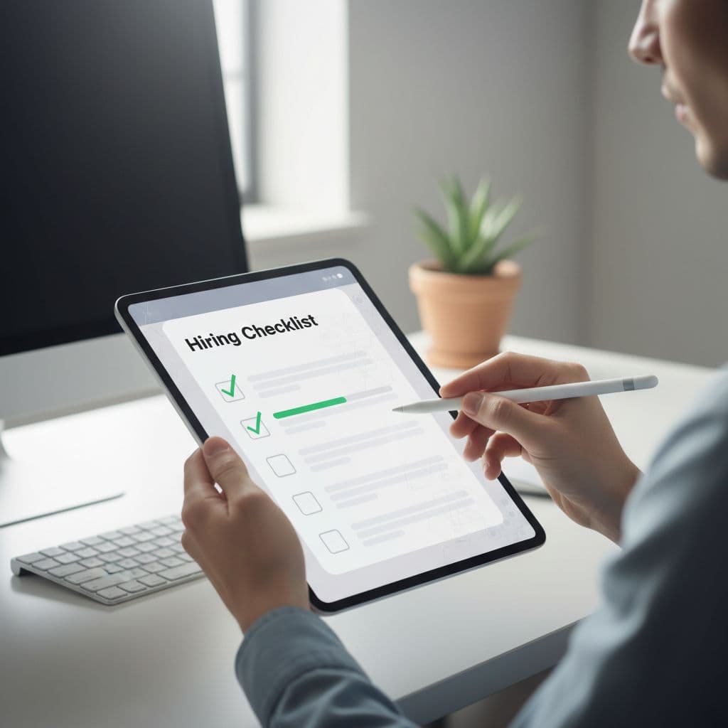 Compliance professional holds digital tablet showing faint checklist on office desk with pen.
