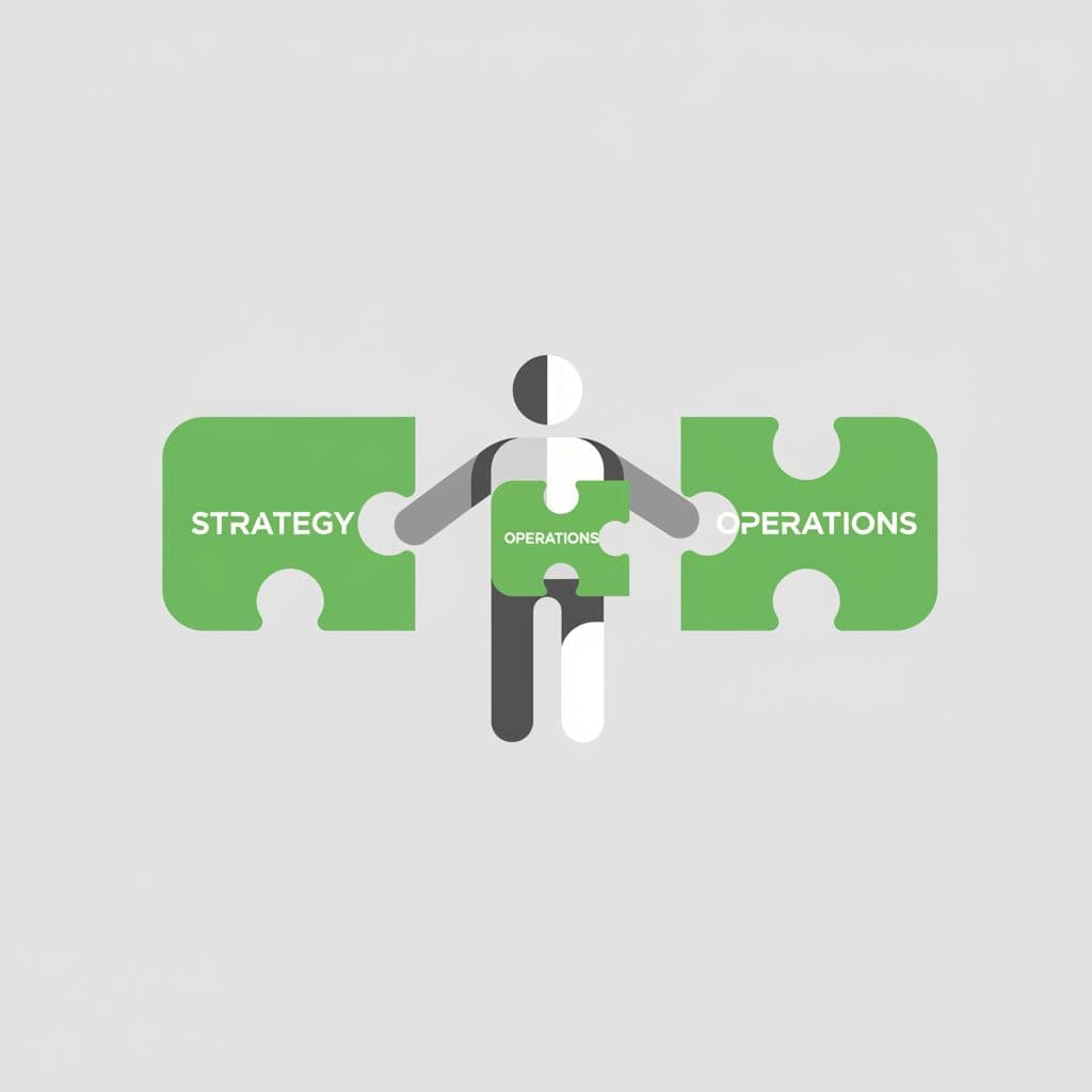 A professional manager connects two puzzle pieces labeled strategy and operations in a modern workspace.