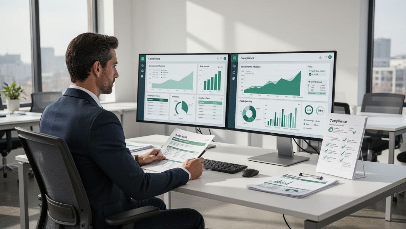 GRC specialist reviews audit documents and compliance dashboards on dual monitors at a modern office desk with charts and checklists.
