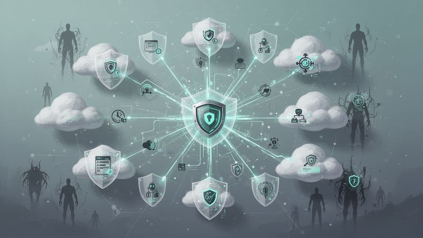 Central secure hub connects to expanding clouds with SaaS icons, third-party networks, shadow AI threats, and green protective barriers.