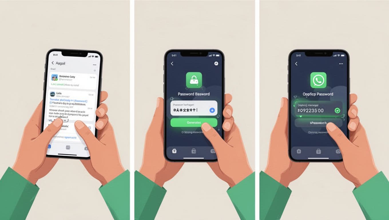 Three panels show person checking email on phone then generating strong password in manager app.
