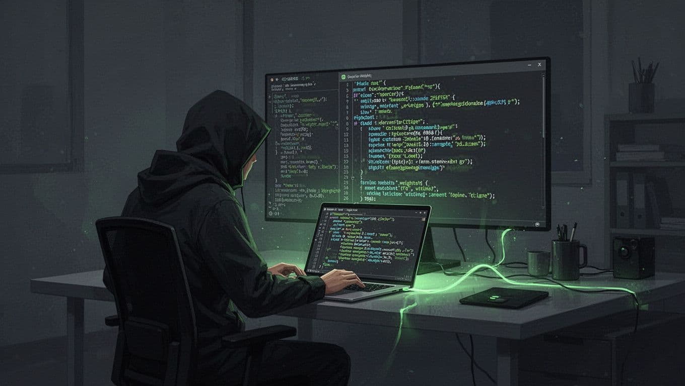 Single hacker at desk in dim room queries API on laptop screen to extract model weights with green data flows.