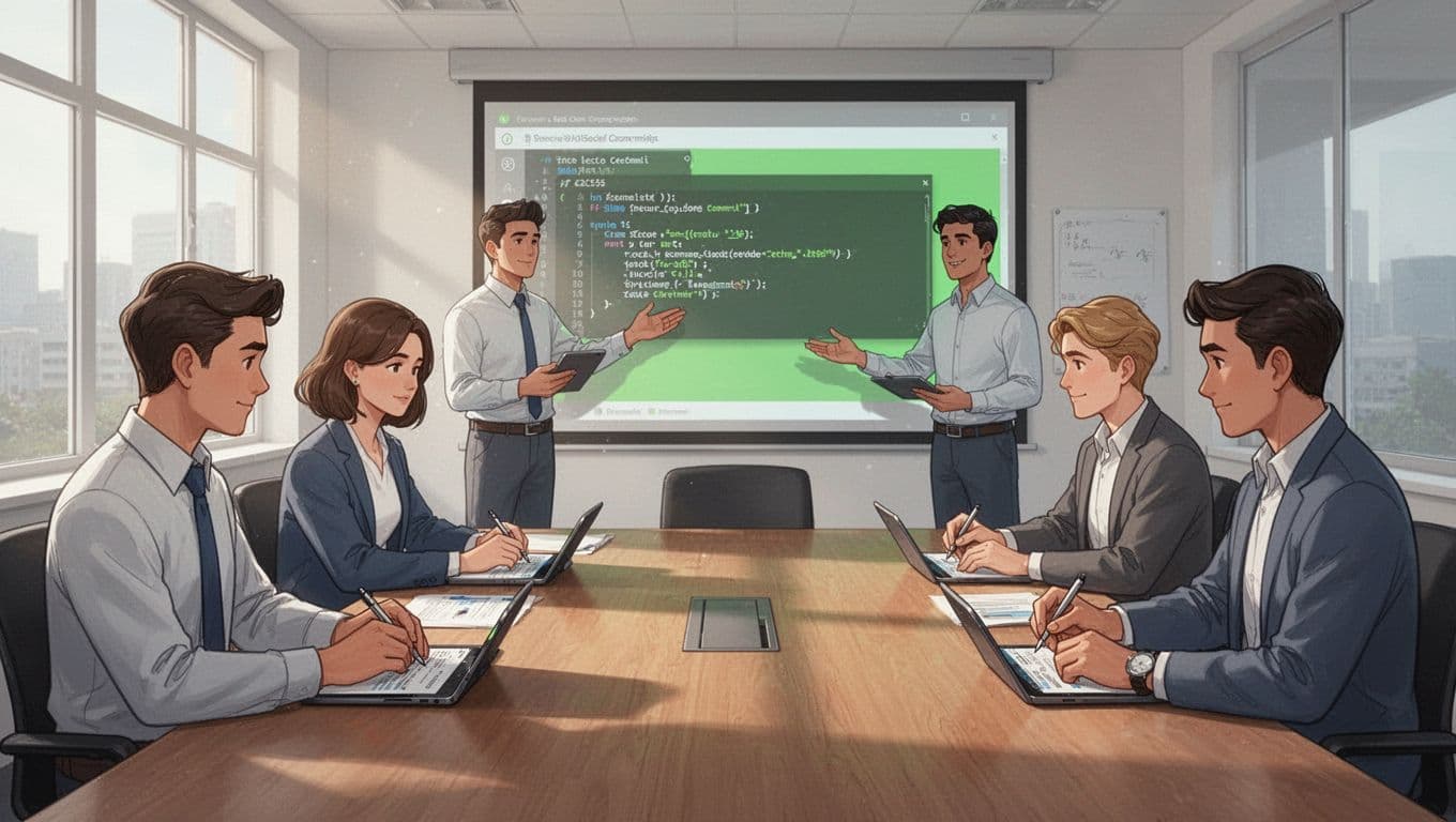 Four R&D engineers in bright conference room; one demonstrates secure code on projected screen, others take notes on tablets.