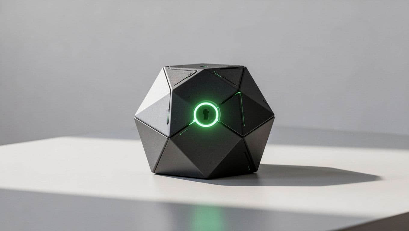 Geometric device case with glowing green security core on light surface, light-gray background.