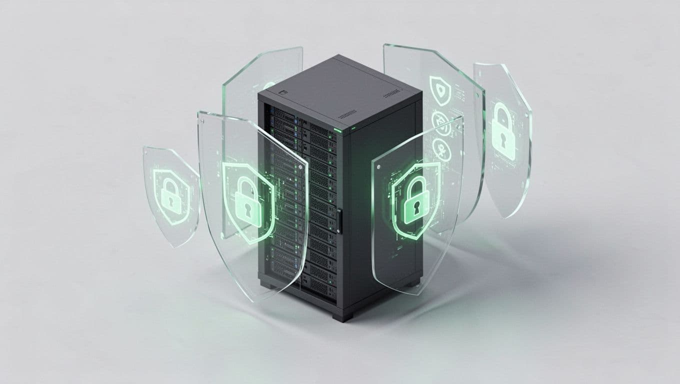 Isometric view of locked server rack surrounded by firewall, MFA icons, and role-based access shields with green accents.