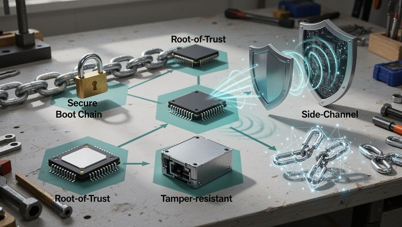 Illustration depicts secure boot chain as locked links, root of trust chip, side-channel shield blocking waves, tamper-resistant enclosure, and post-quantum keys on a workbench.