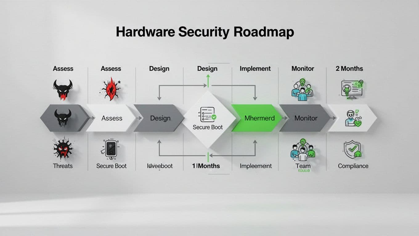 Timeline flowchart shows assess, design, implement, monitor phases over 12 months with icons for threats, secure boot, team, compliance.