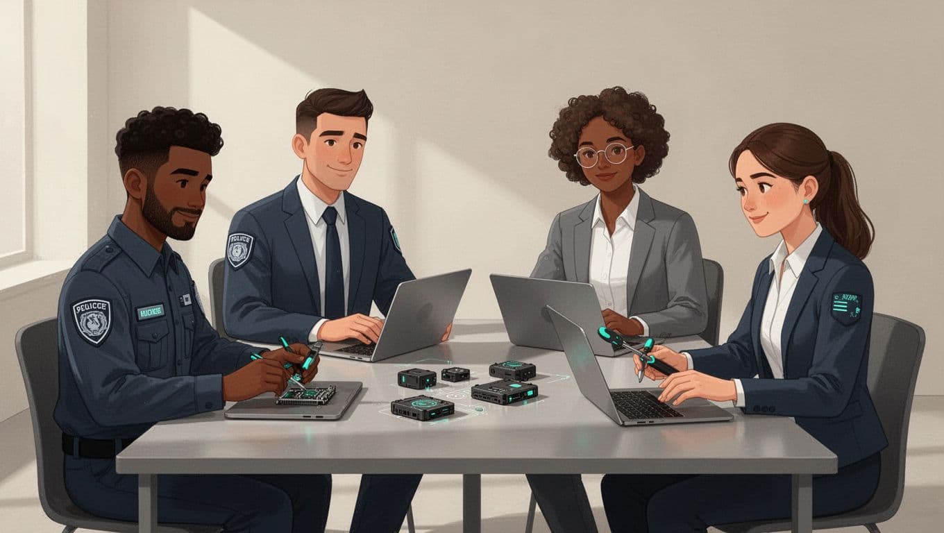 Four diverse team members around table with device prototypes and laptops, green accents on tools.