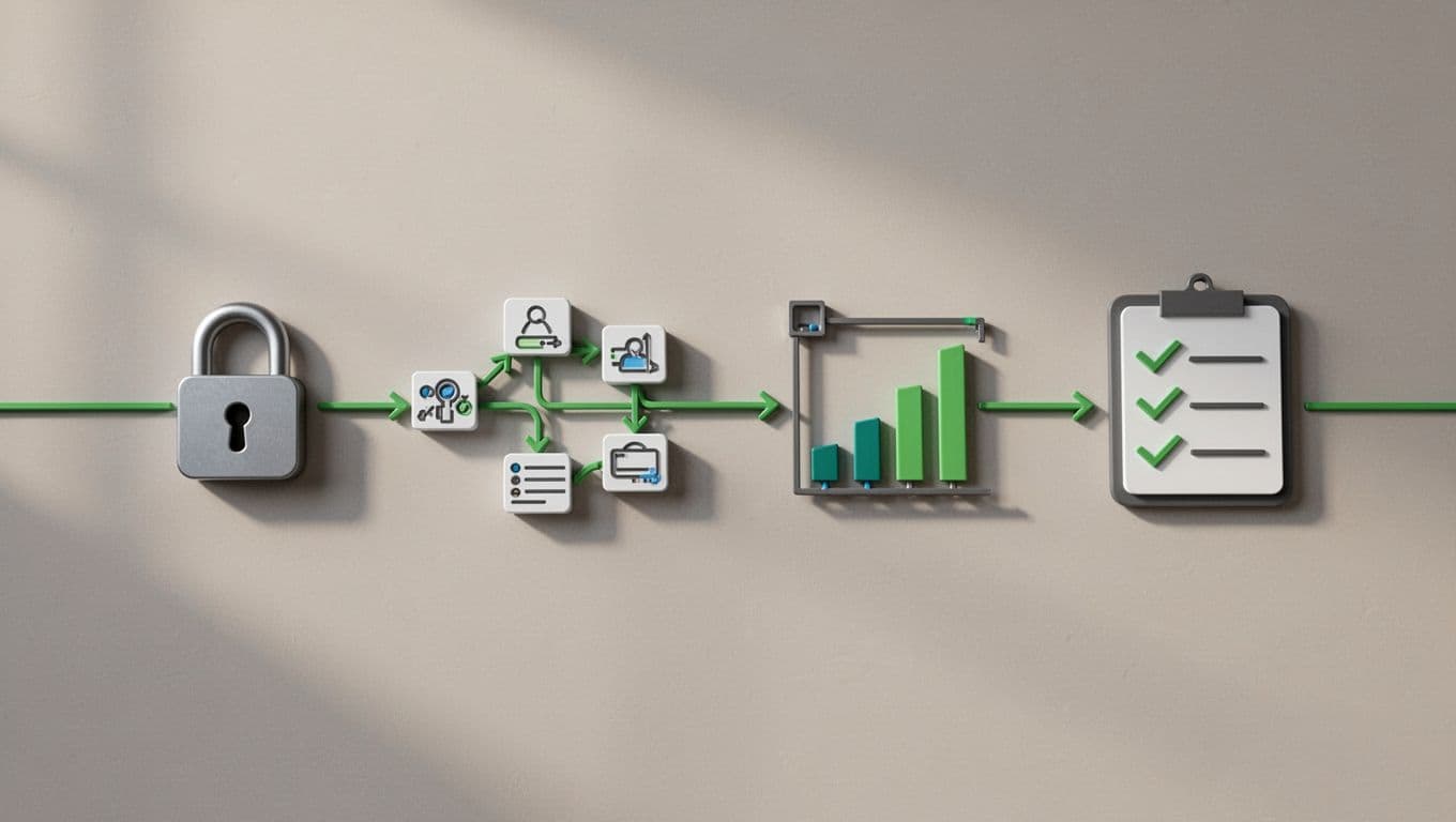 Icons of HIPAA lock, HITECH data flow, NIST framework, and OCR checklist arranged in timeline roadmap with green highlights on neutral background.