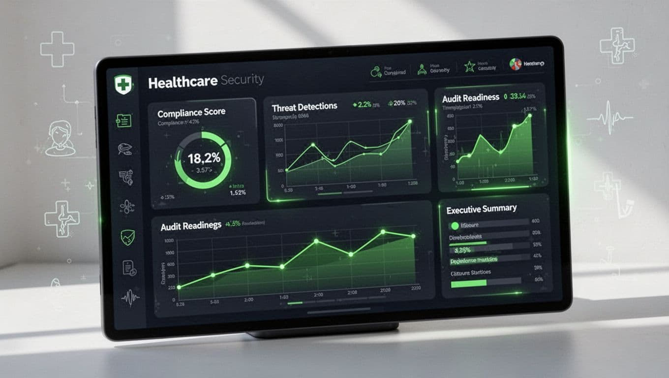 Angled screen view of dashboard with charts for compliance score, threat detections, audit readiness, and executive summary, using green for positive trends and subtle healthcare icons.