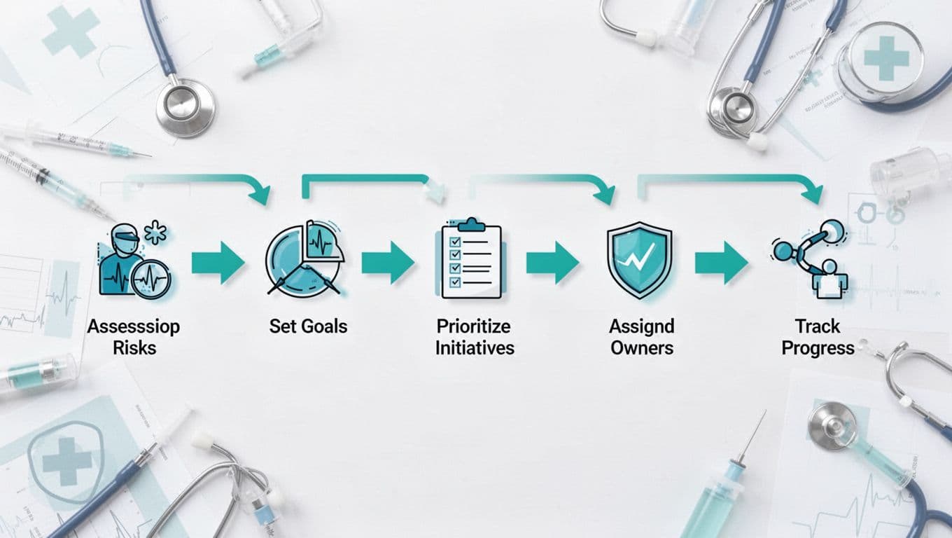 Linear flowchart icons show assess risks, set goals, prioritize initiatives, assign owners, track progress, connected by green arrows with subtle medical symbols.