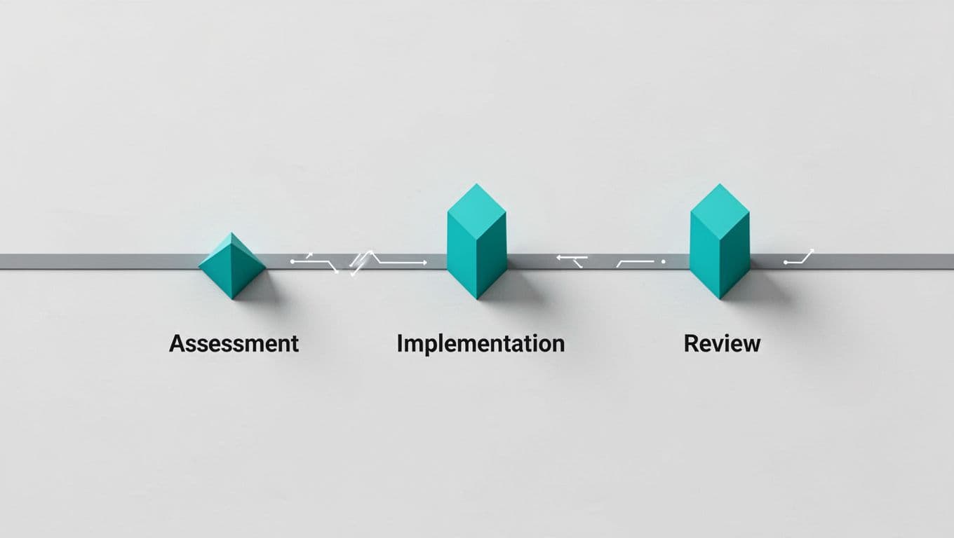 Horizontal timeline with assessment, implementation, review phases and green milestones on neutral background.