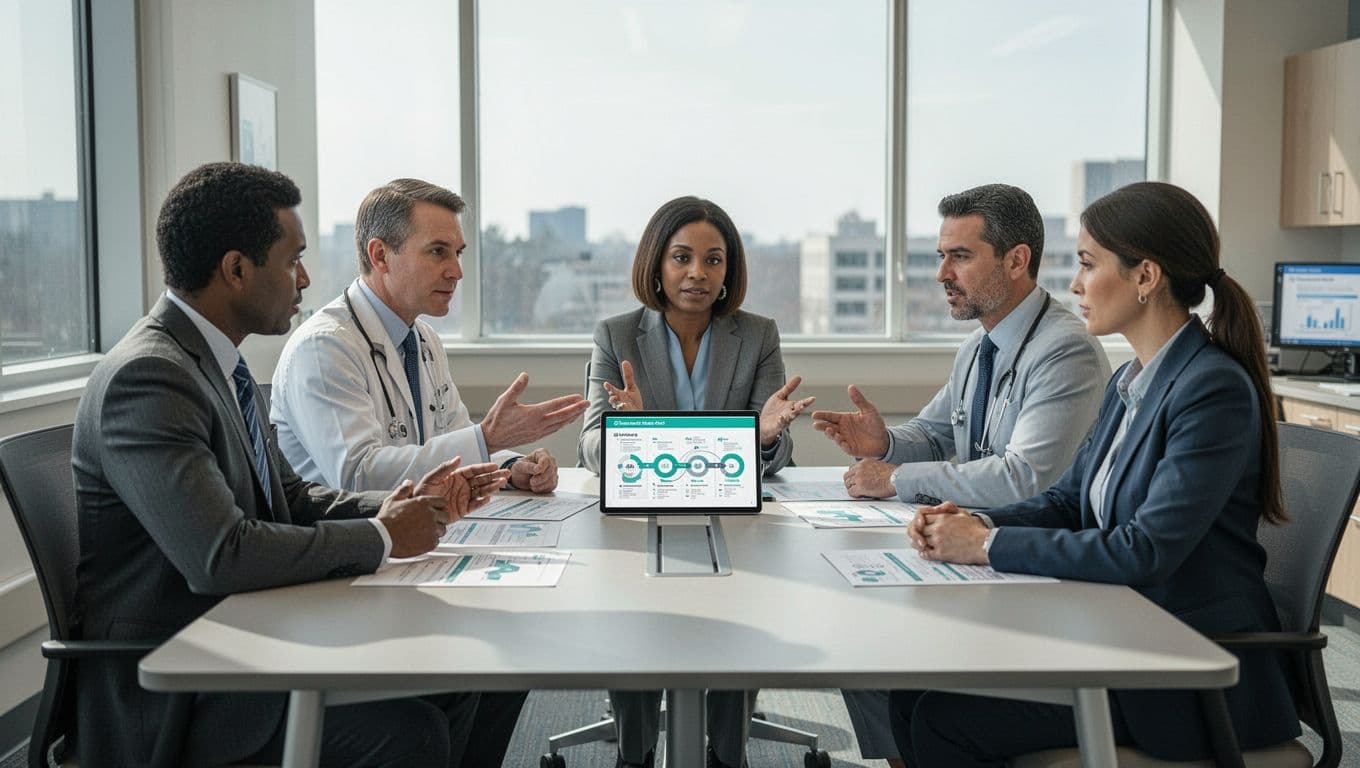 Five professionals in hospital office sit around table with laptops and roadmap documents, gesturing in discussion with green highlights on shared roadmap.