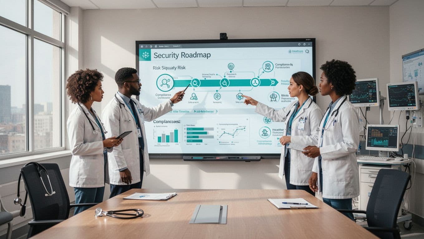 Four diverse professionals in hospital conference room point at digital whiteboard displaying risk charts, timelines, and HIPAA icons.