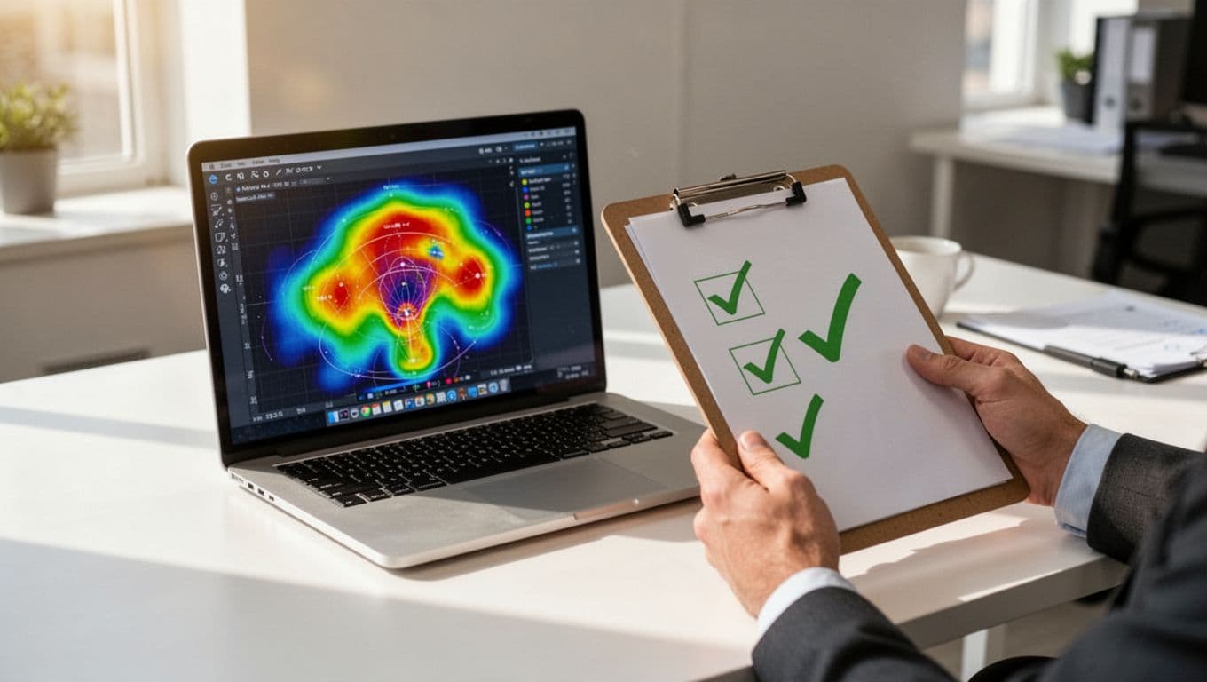 Hand holds clipboard with green checkmark checklist next to laptop showing Wi-Fi network heatmap in office.