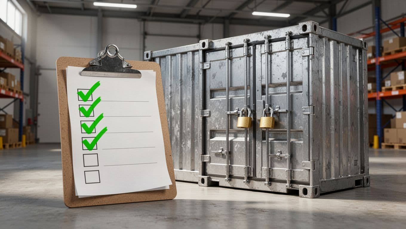 Clipboard with green checkmarks and 'Hiring Checklist' text next to locked cargo container, supplier documents, and audit stamps in warehouse.