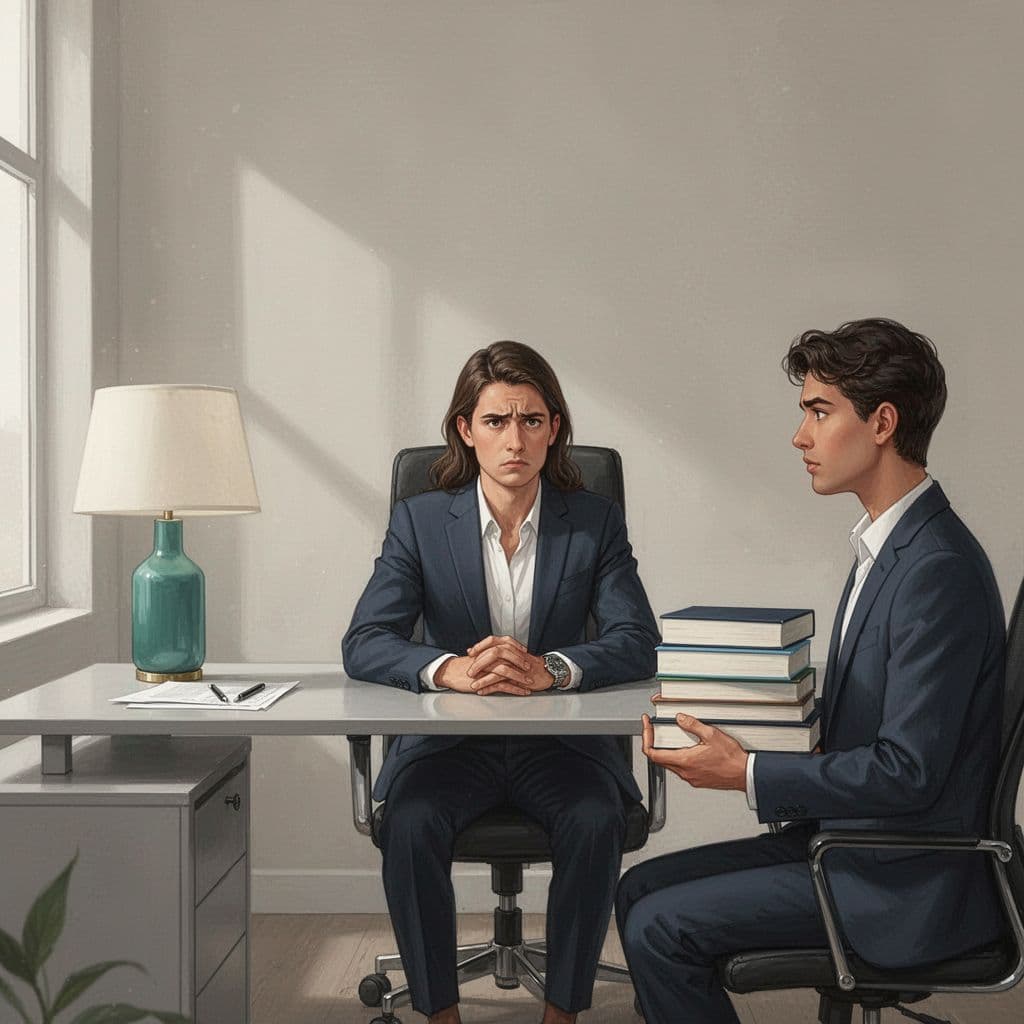 A confused hiring manager sits across from a job candidate holding a large stack of books.
