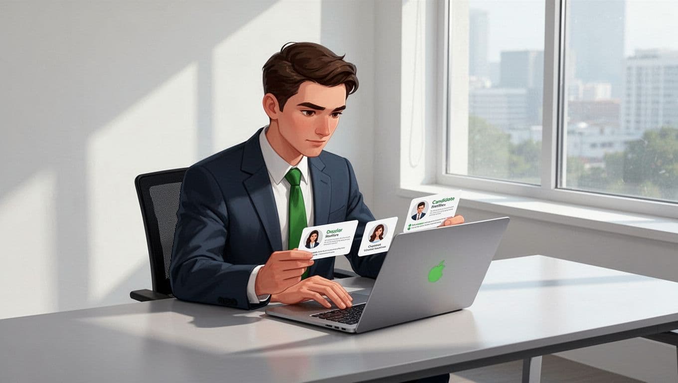 A professional sits at a desk, reviewing multiple digital candidate profiles on a laptop computer.