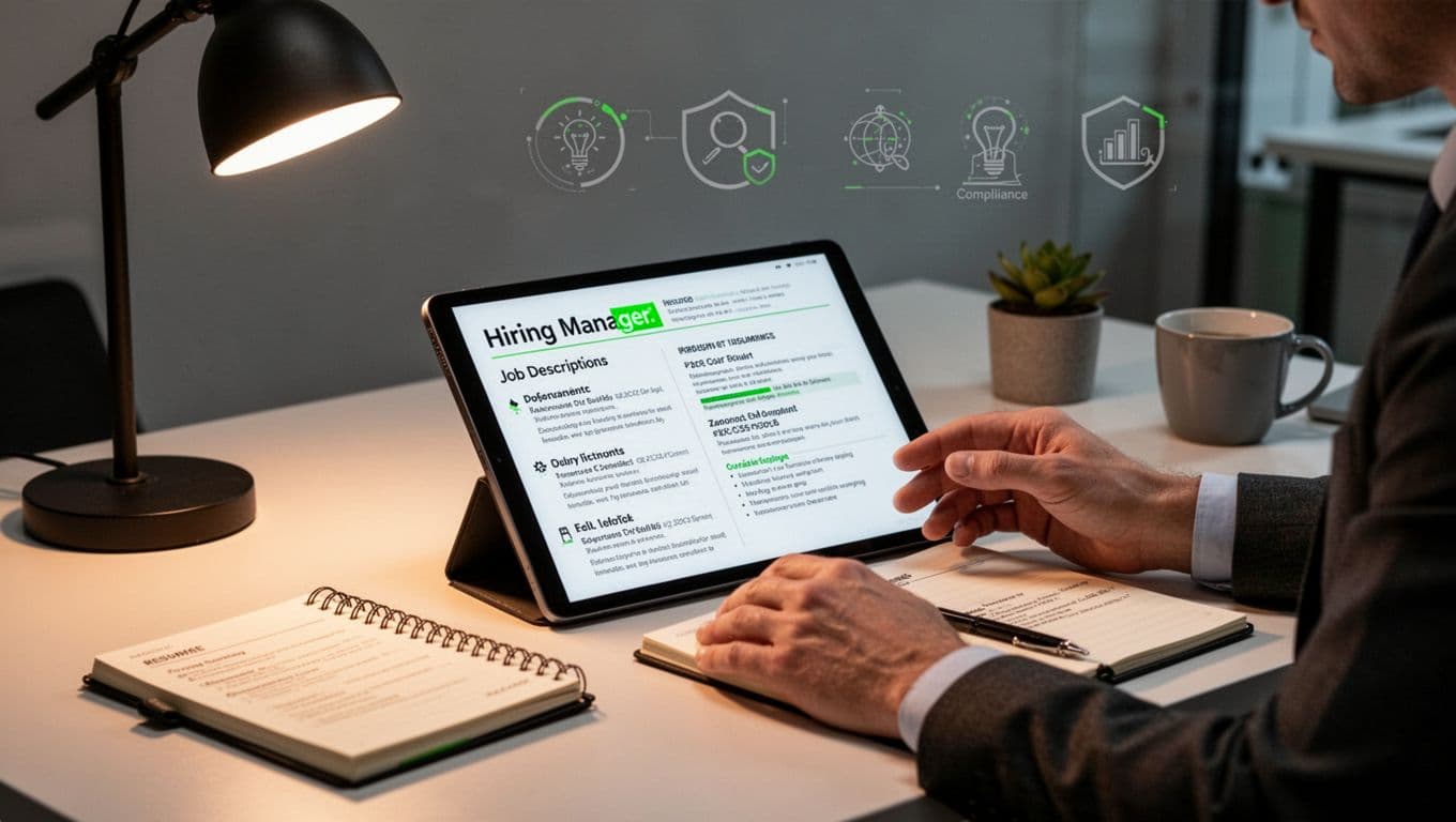 Hiring manager reviews resumes and job descriptions on tablet and notebook, with subtle compliance icons in background.