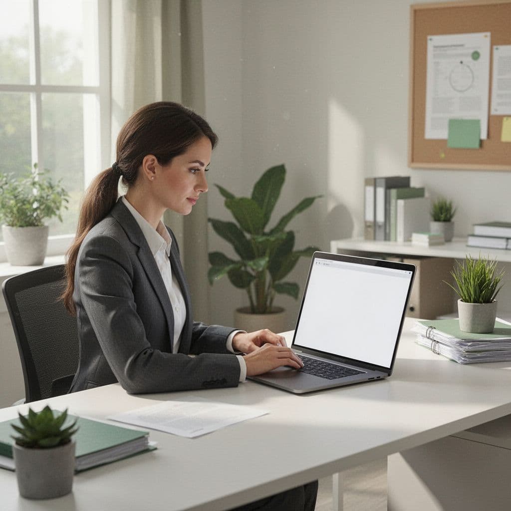 A hiring manager reviews digital documents on a laptop at a clean, professional desk.