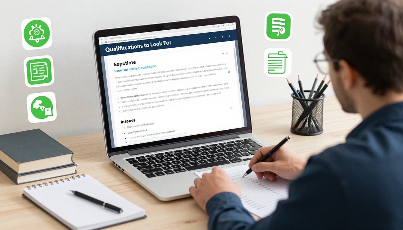 Hiring manager at desk reviews resumes and notes for cyber deception role, surrounded by skill icons.