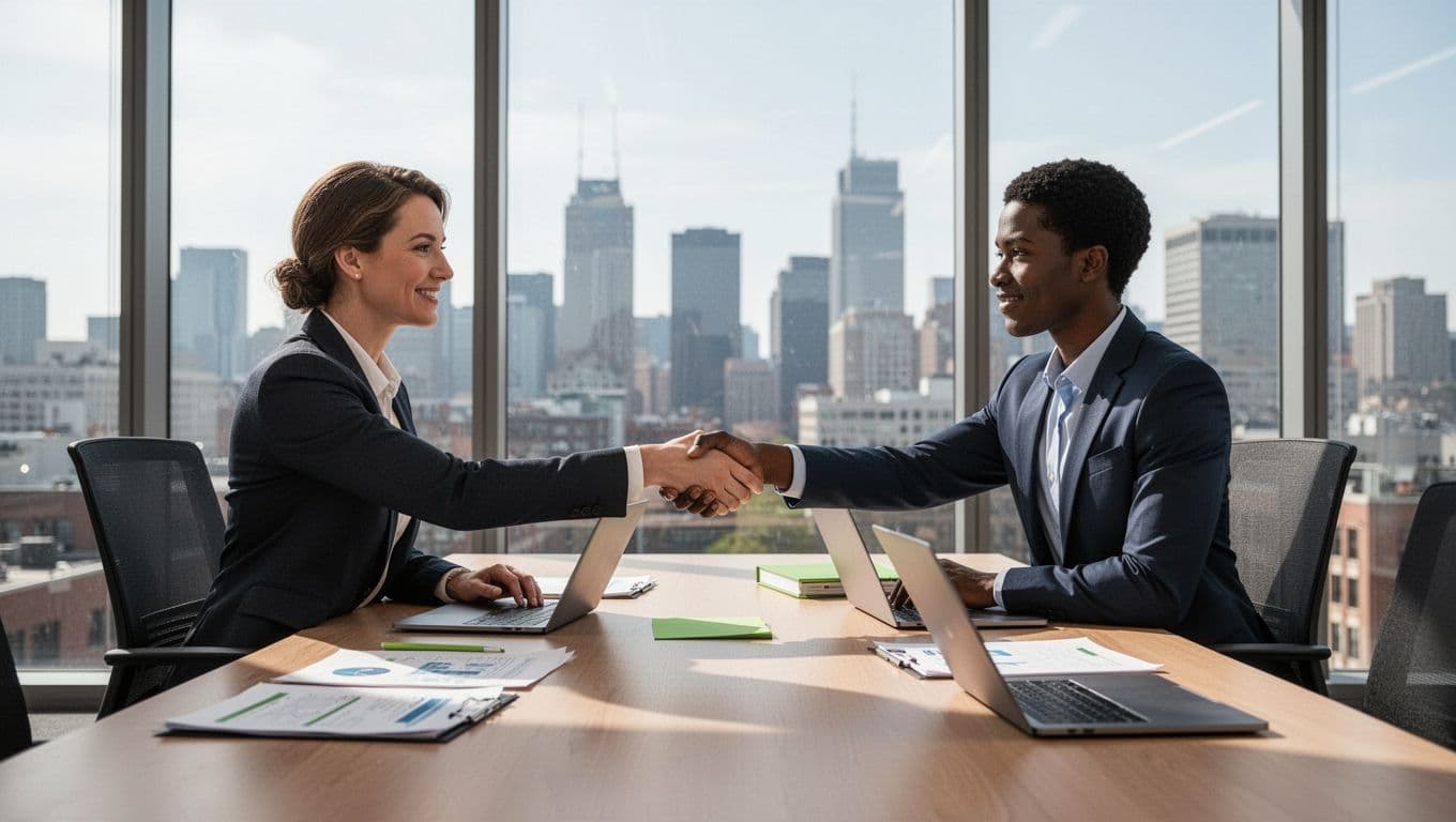Hiring manager and security analyst candidate shake hands across conference table with laptops and notes in modern office.