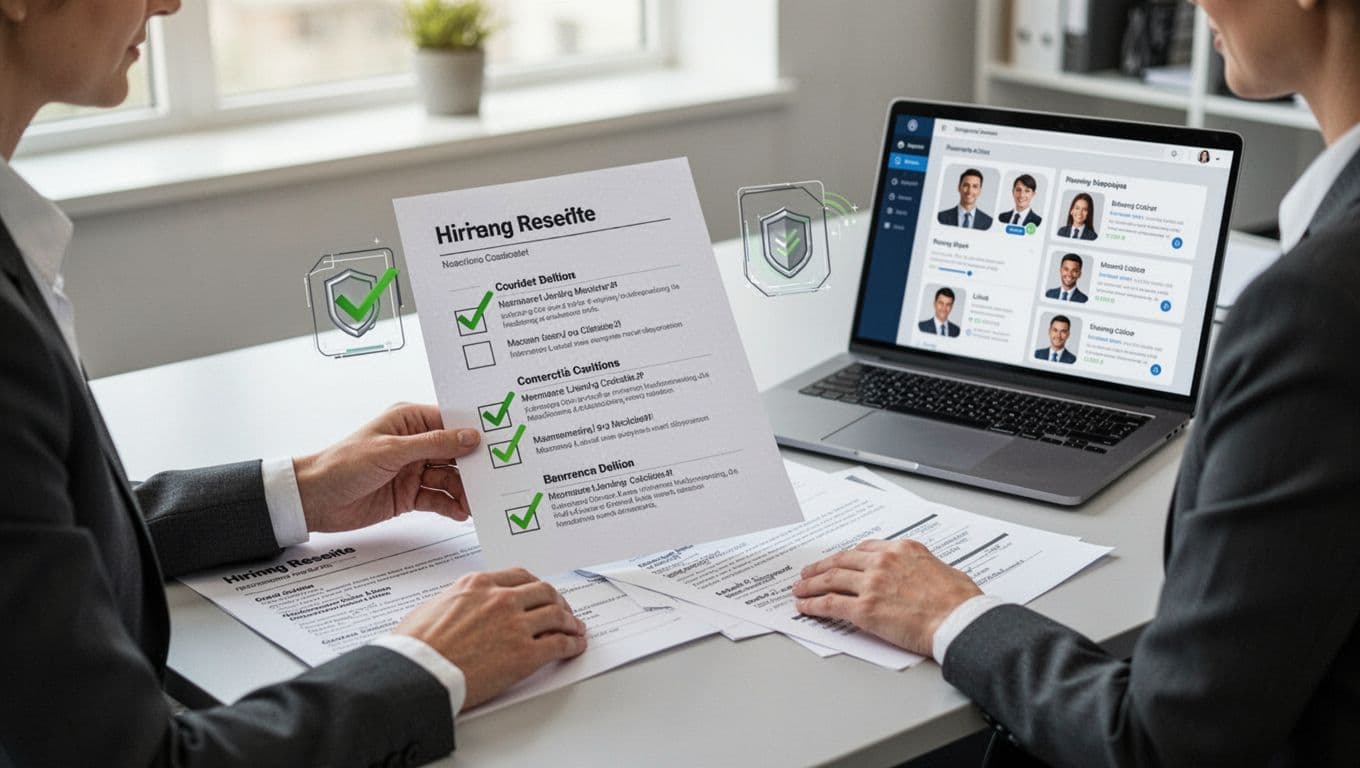 Hiring manager at desk reviews resumes and checklists for security roles with laptop showing profiles and icons for SQL, Python, SIEM.