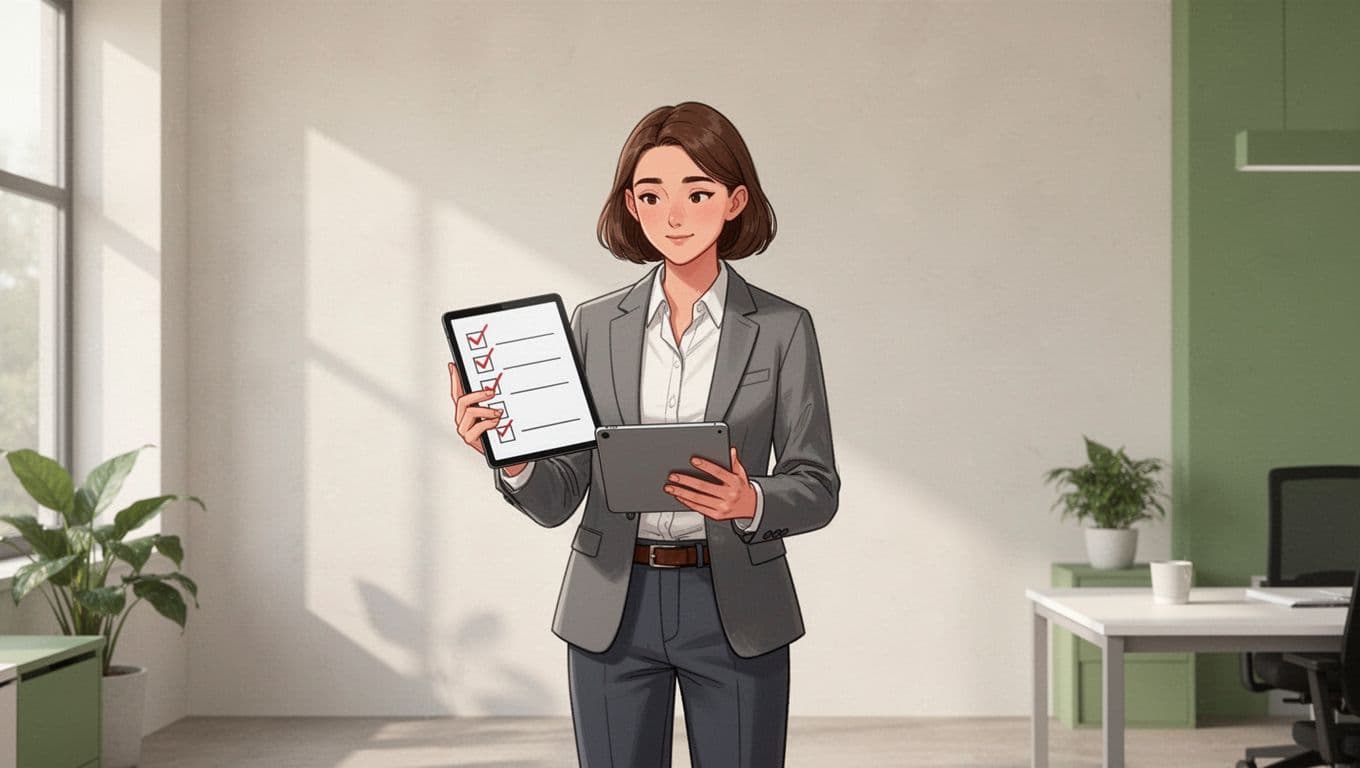 A professional manager holds a tablet displaying a checklist during a candidate screening process.