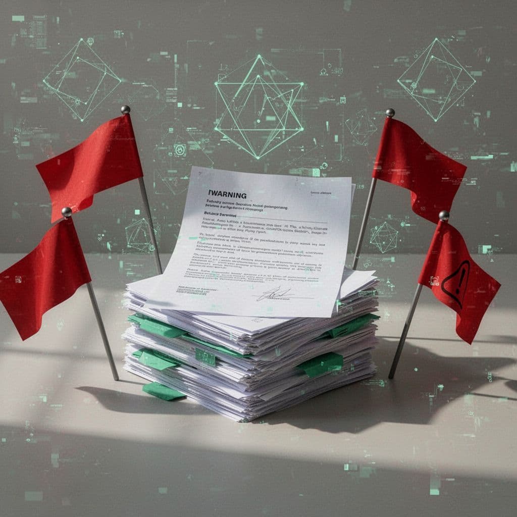 Document stack surrounded by red flags, subtle cyber breach elements in background.