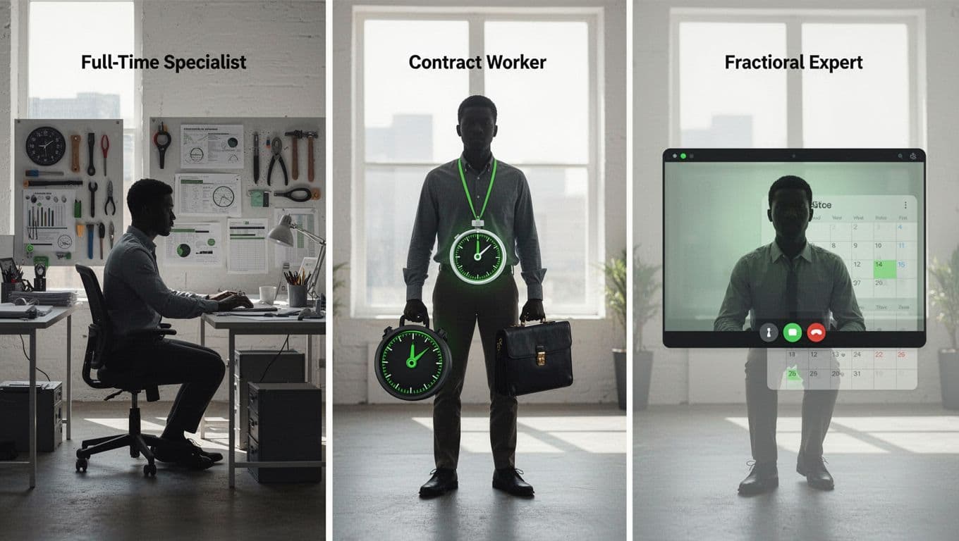 Side-by-side icons show full-time specialist at workstation, contract worker with briefcase and timer, fractional expert on video call with calendar.