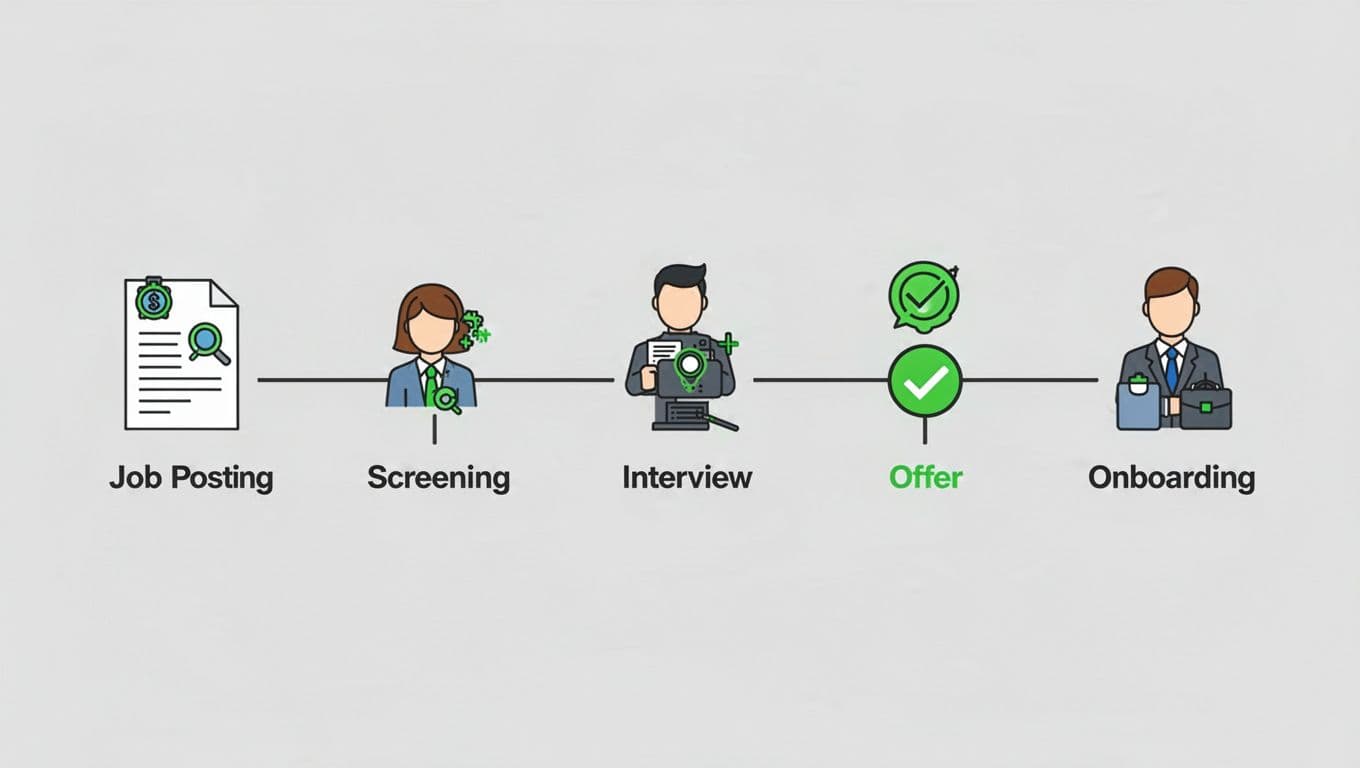 Horizontal timeline flowchart depicts hiring stages from job post to onboarding using simple icons and green accents on steps.