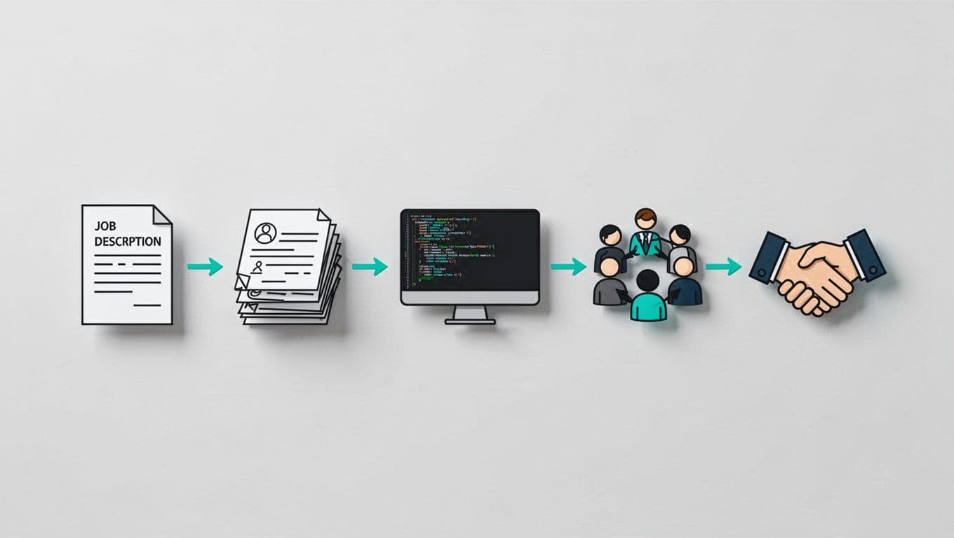 Icons depict job description, resume screening, code interview, team collaboration, and offer handshake, linked by green-accented arrows.