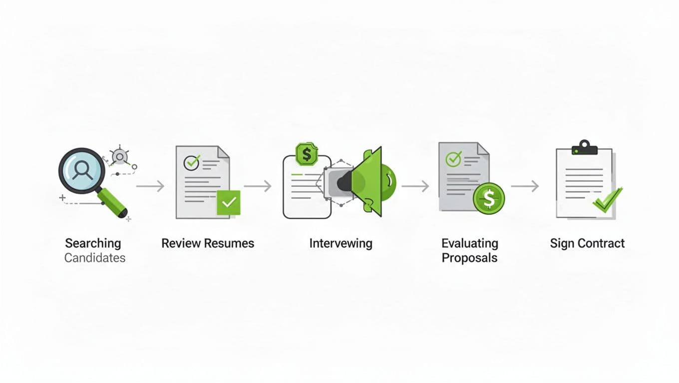 Flowchart icons for hiring steps connected by arrows on white background.