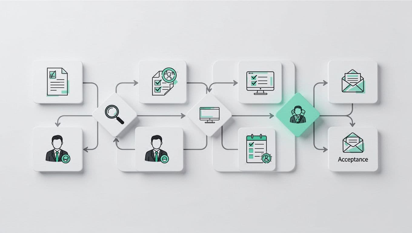 Linear flowchart with icons for job posting, sourcing, screening, interviews, assessment, review, and offer steps connected by arrows.