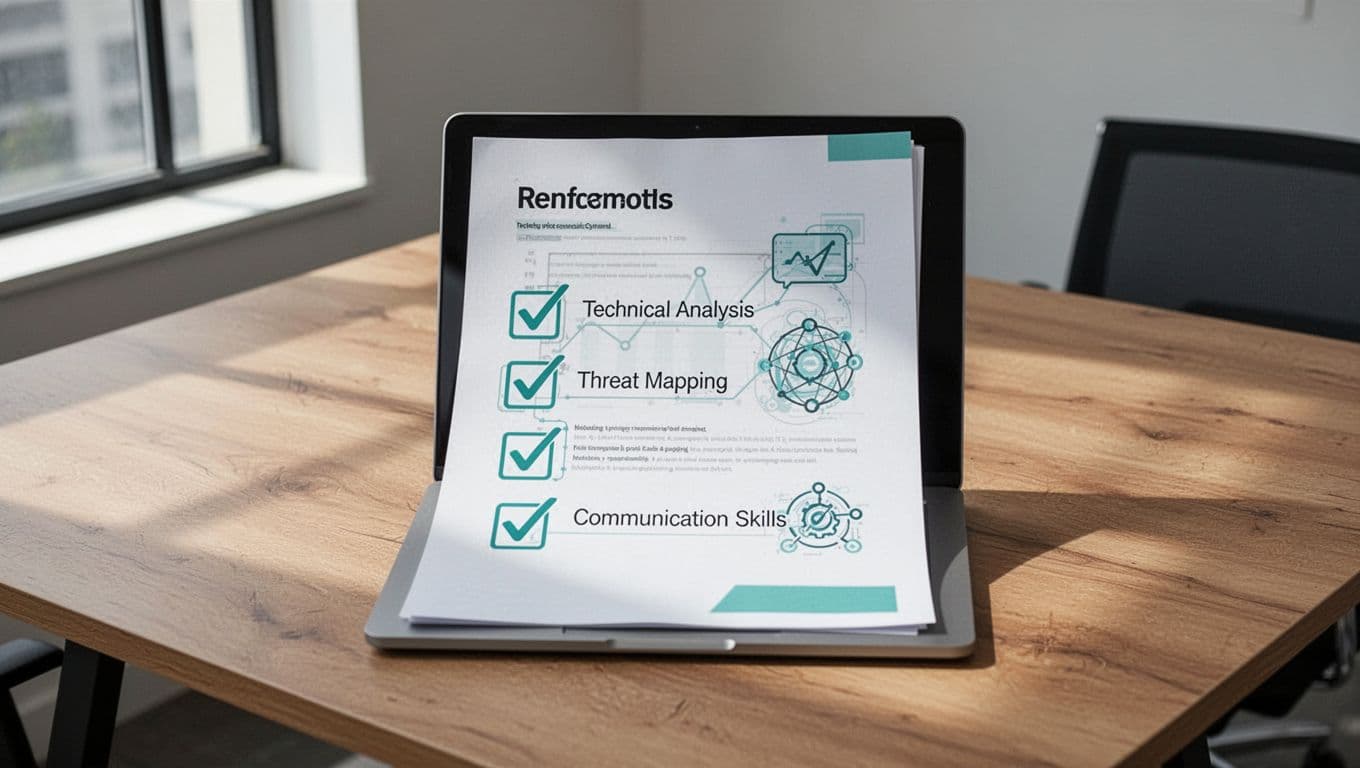 Hiring scorecard document on office table with checkboxes for skills like malware analysis, ATT&CK mapping, and communication.