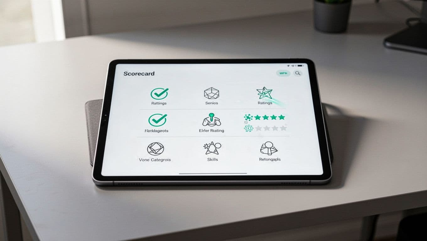 Digital tablet on desk shows hiring scorecard with checkmarks and ratings for compliance and operations skills.