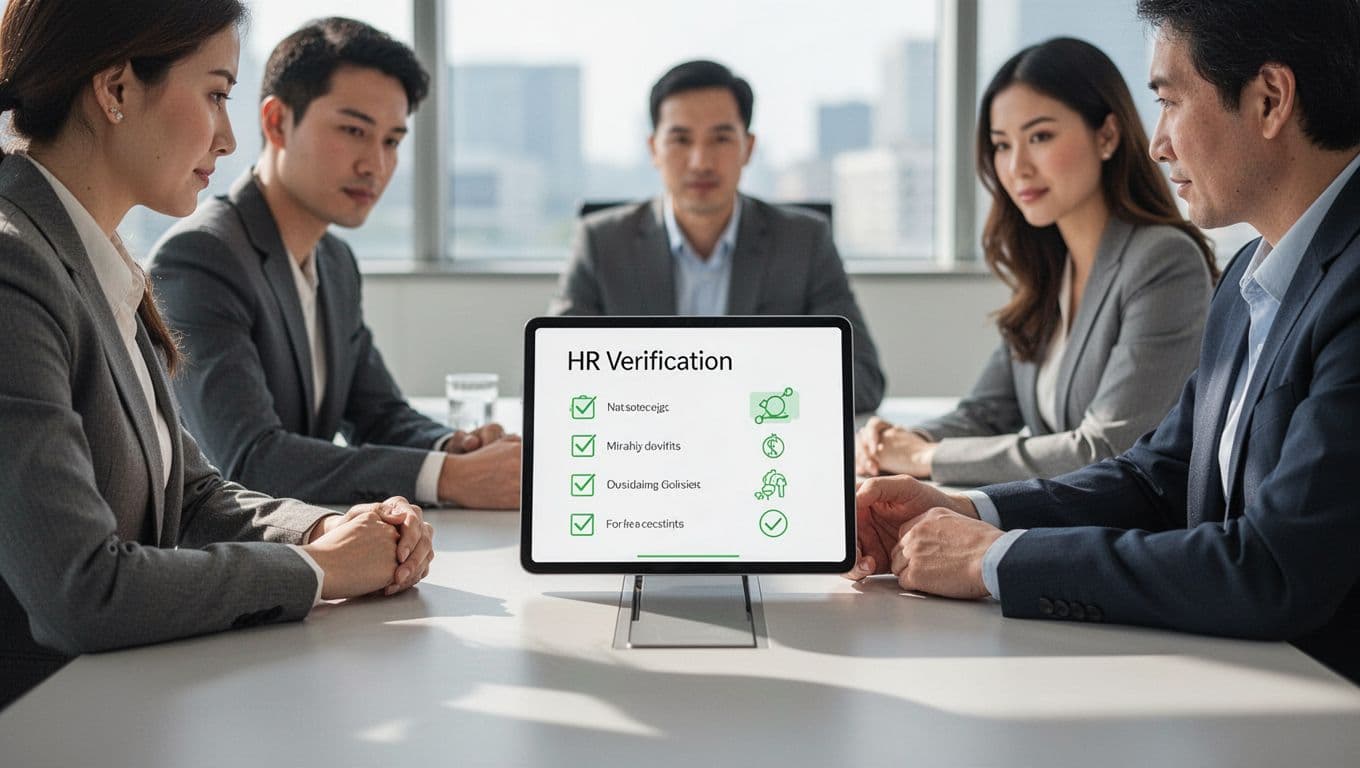 Three professionals review HR checklist on digital tablet at table, icons show ID check and reference call.